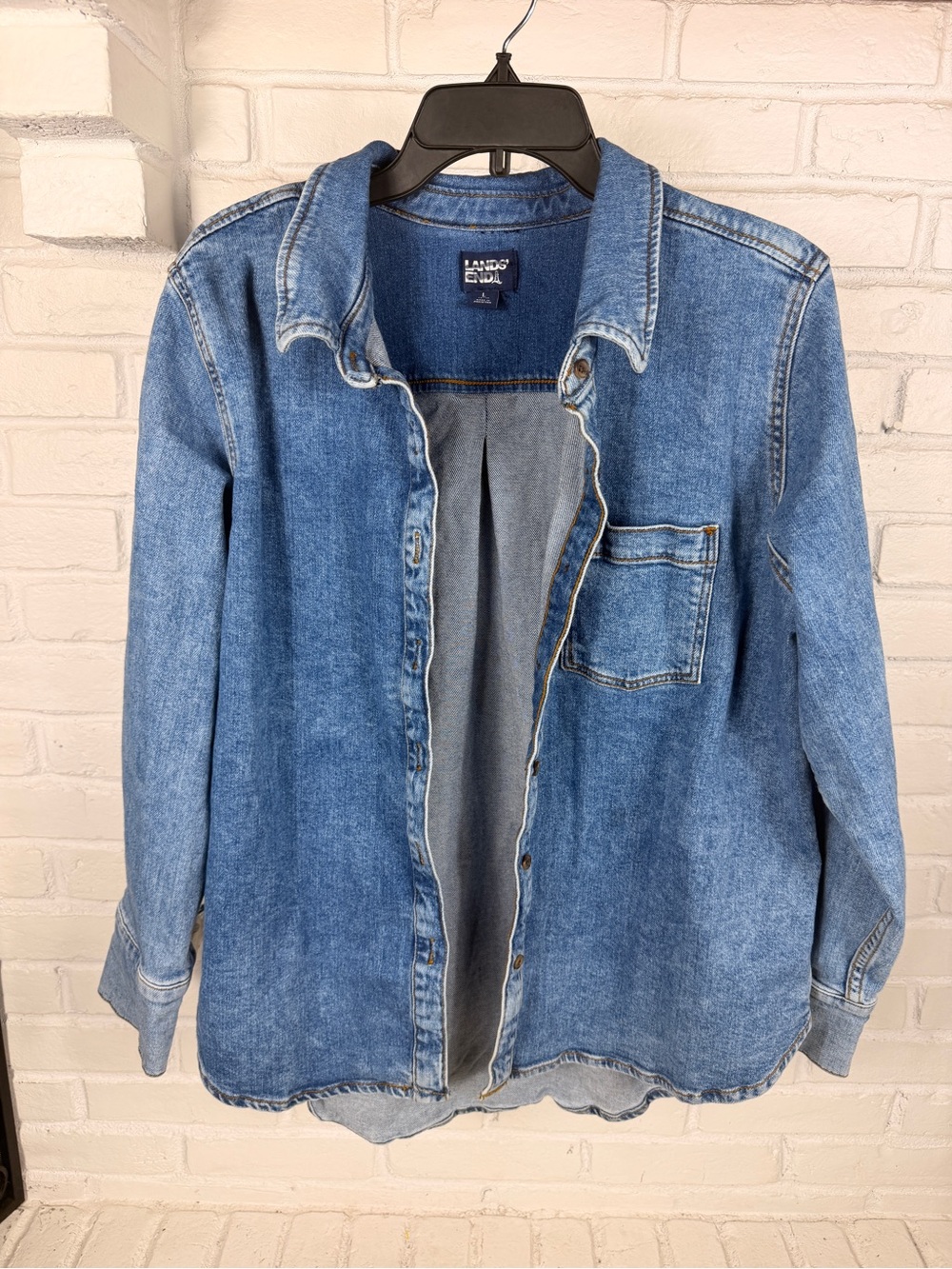 Lands’ End Denim Button Front Shirt Jacket Large 14-16 Stretch Cotton timeless